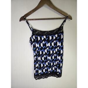 Geometric Print Lace Trim Camisole Tank Top Blue Black and White Size Small